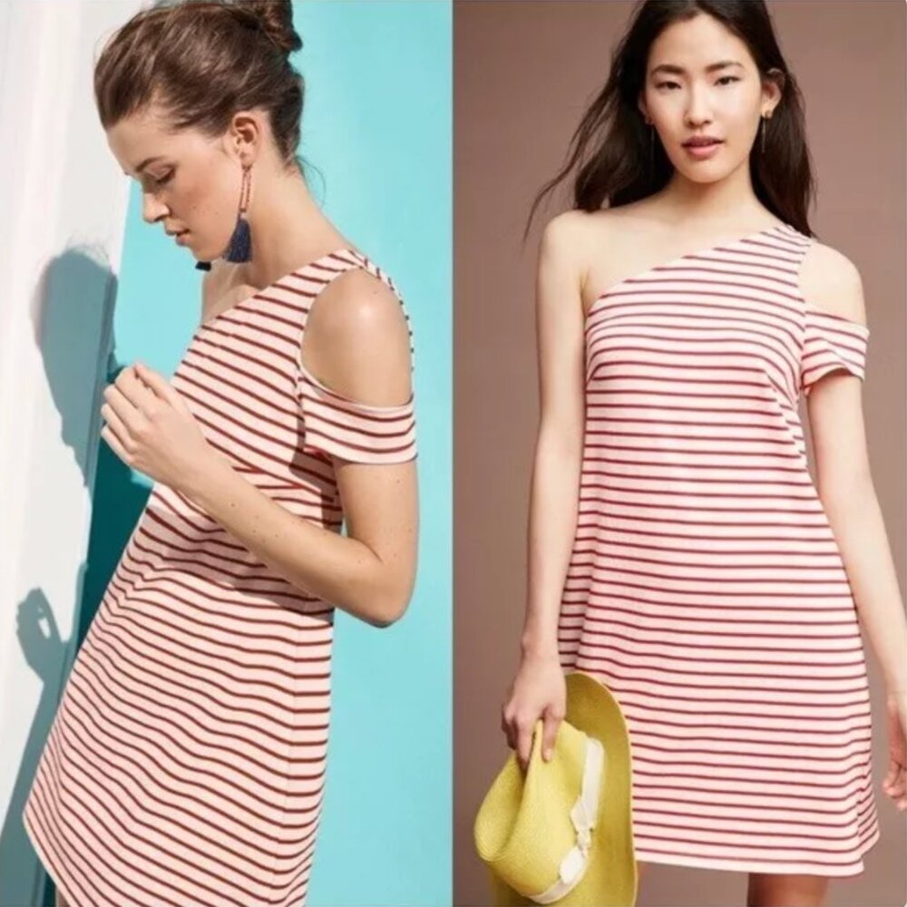 Maeve Anthropologie Dress Womens Small trending color Red Striped One-Shoulder